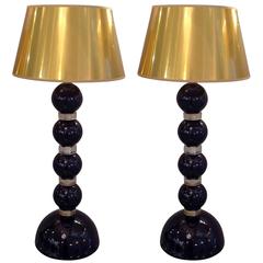 Pair of Black and Gold Murano Glass Lamps, Signed A. Dona 1