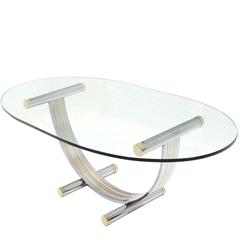 Large Oval Glass Brass Chrome Dining Conference Table:: Mid-Century