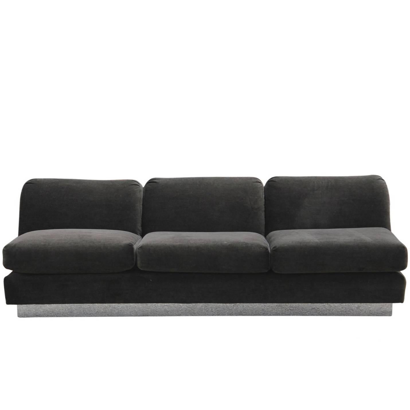 Modern Dunbar Sofa in Dark Brown Mohair with a Chrome Base