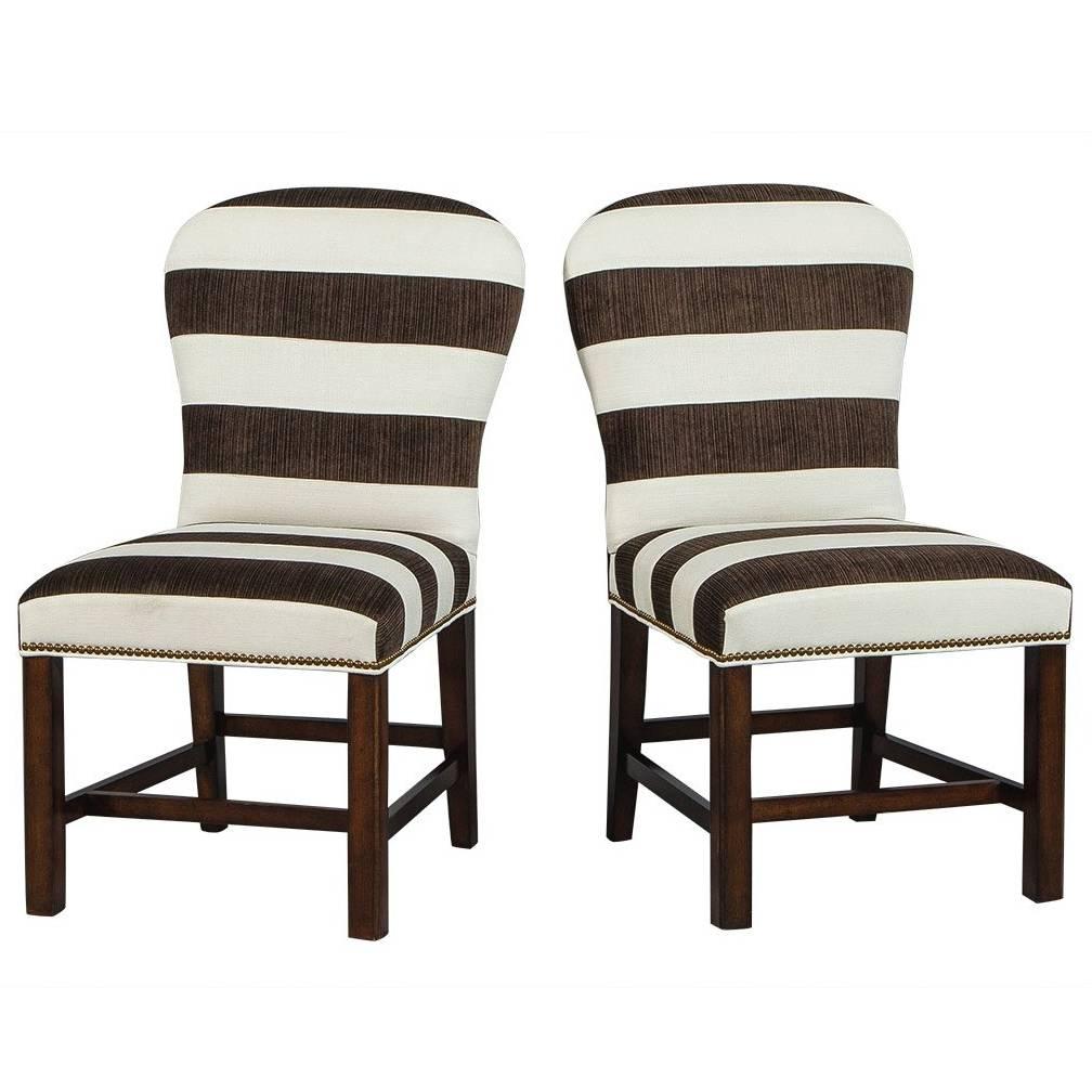 Pair of Brown and White Stripped Parsons Chairs