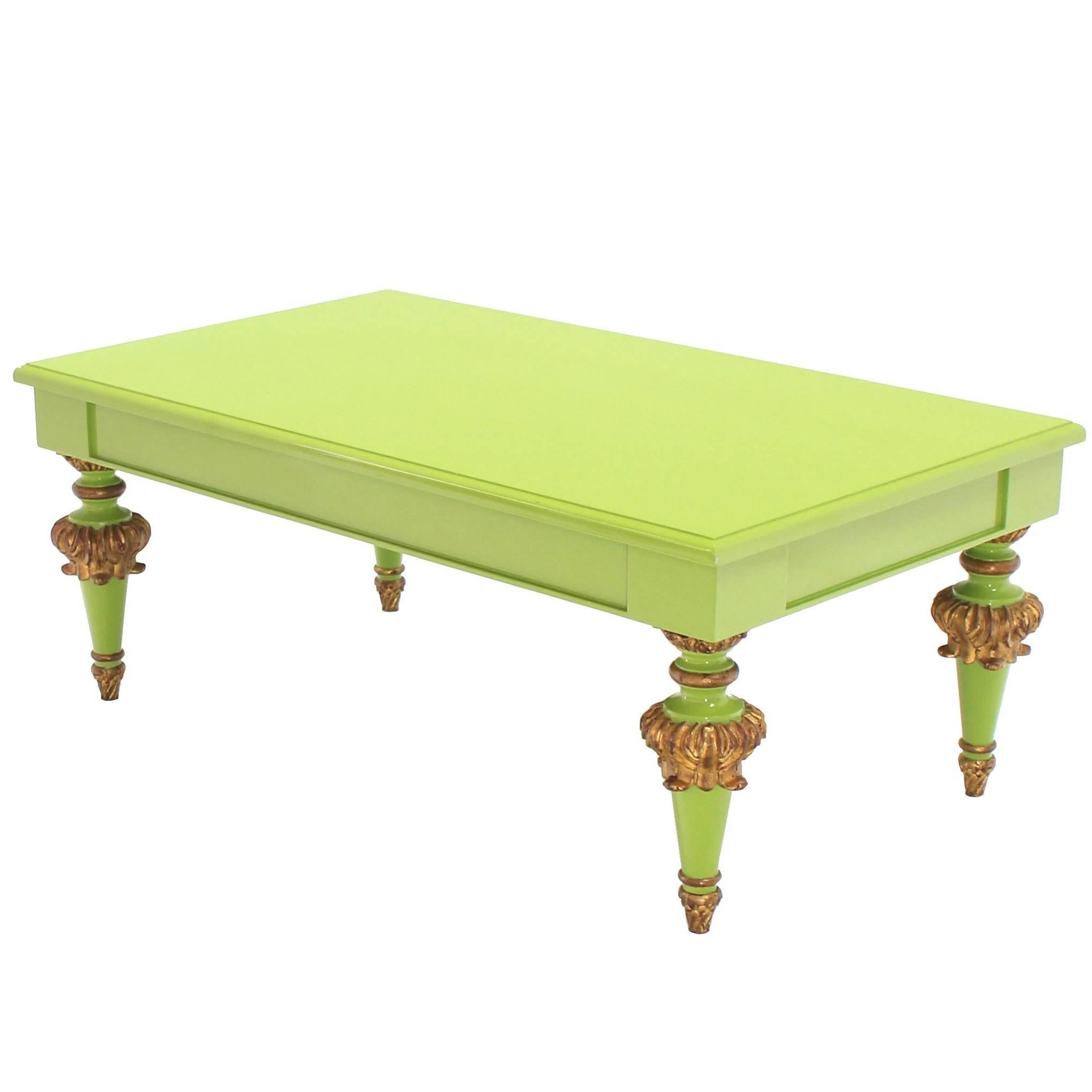 Salad Green Lacquer Gold Hollywood Regency Rectangular Coffee Table For Sale