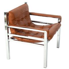 Clean Lined Cognac Leather and Chrome Lounge Chair