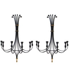 Vintage Lyrical Pair of American 1960s Black Painted Wrought Iron Six-Arm Wall Sconces