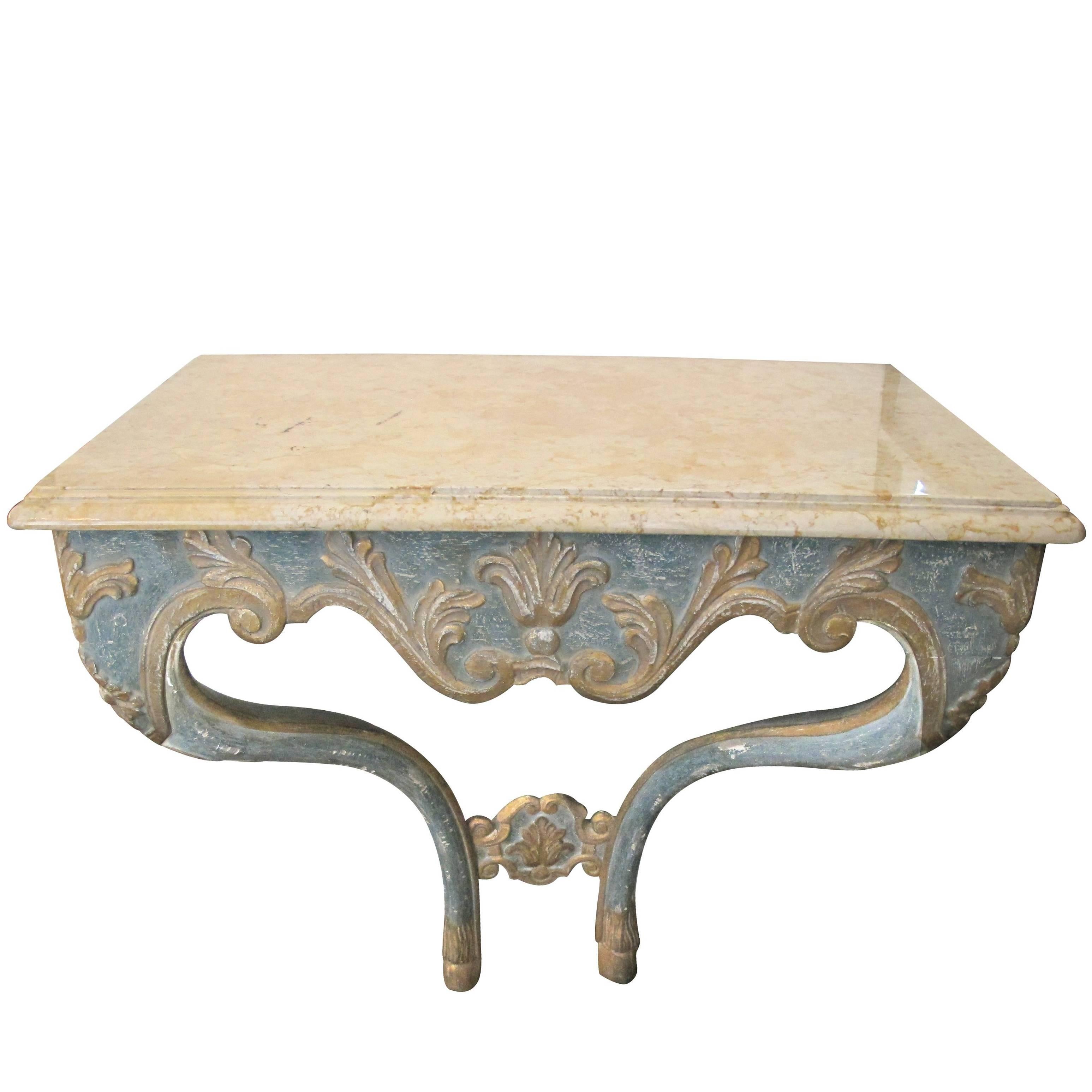 Elegant Custom-Made Italian Baroque Style Aqua and Ochre Painted Console Table