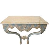 Élégante table console italienne de style baroque peinte en aqua et ocre, fabriquée sur-mesure