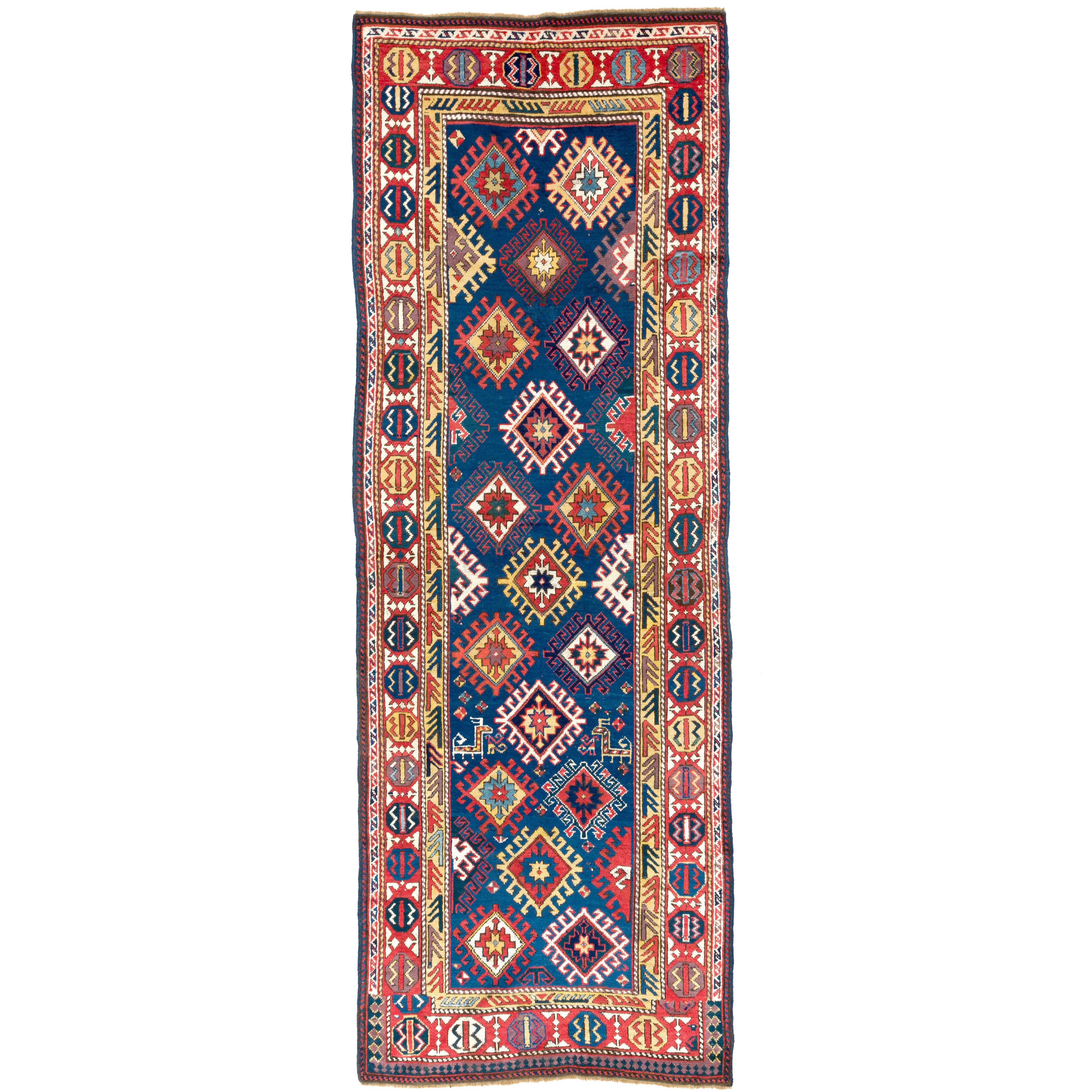 Antique South Caucasian Kazak Runner Rug. Rare Blue Ground and Wefts. Ca 1880