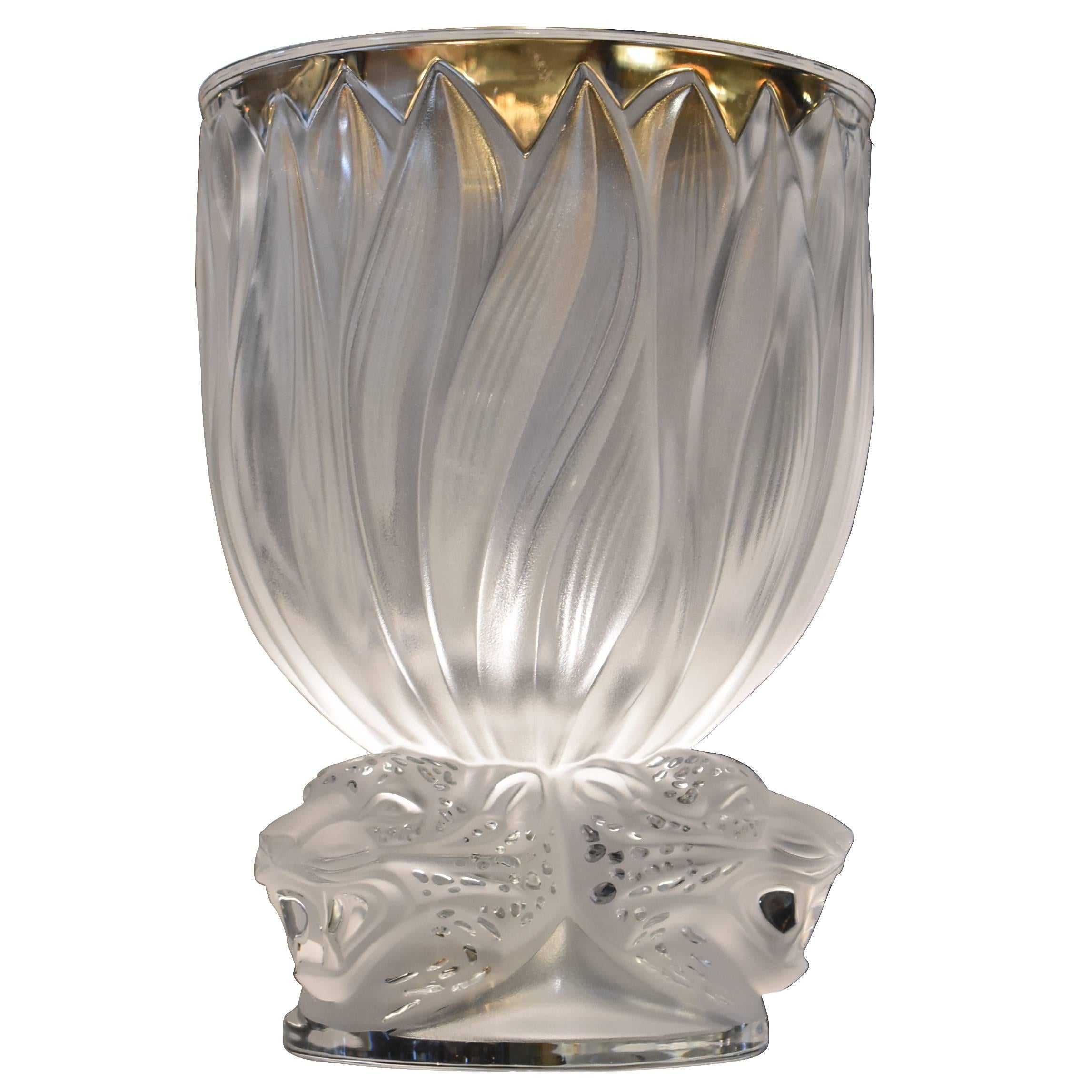 French Lalique "Three Jaguars" Vase with Original Box