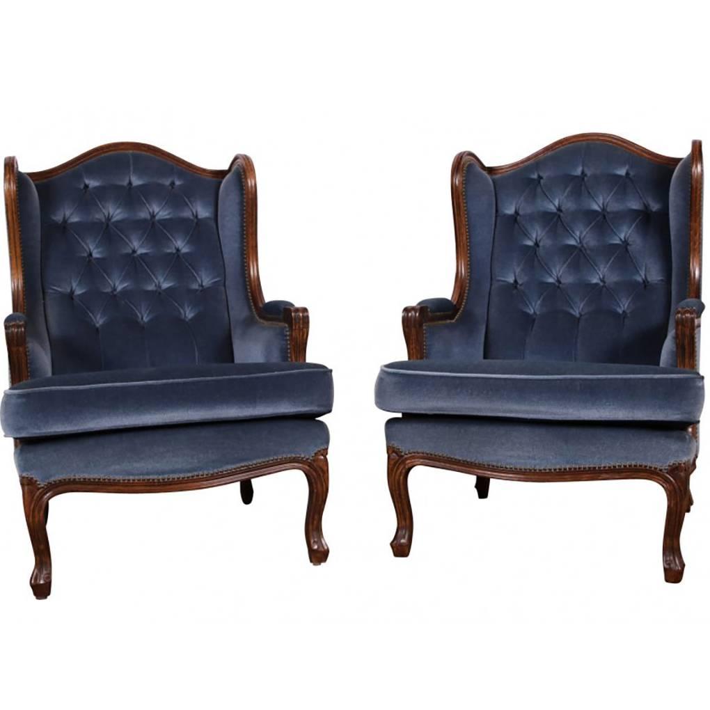 Pair of Vintage European Blue Mohair Wingchairs