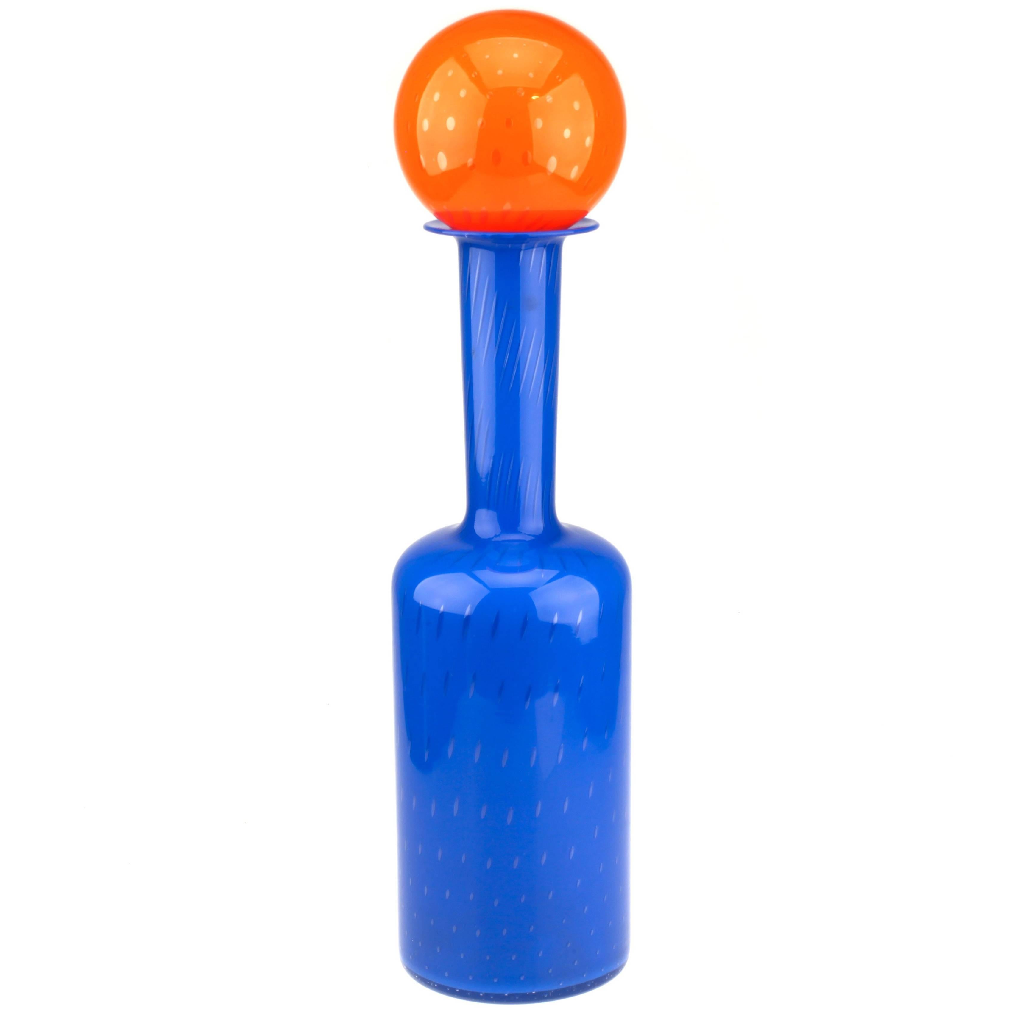 Orange and Blue Empoli Art Glass Decanter with Ball Stopper For Sale