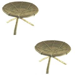 French Riviera Rattan and Wood Pair of Stools 1