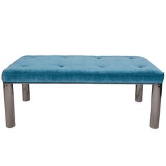 Mid-Century Chrome Bench with Peacock Blue Velvet Seat