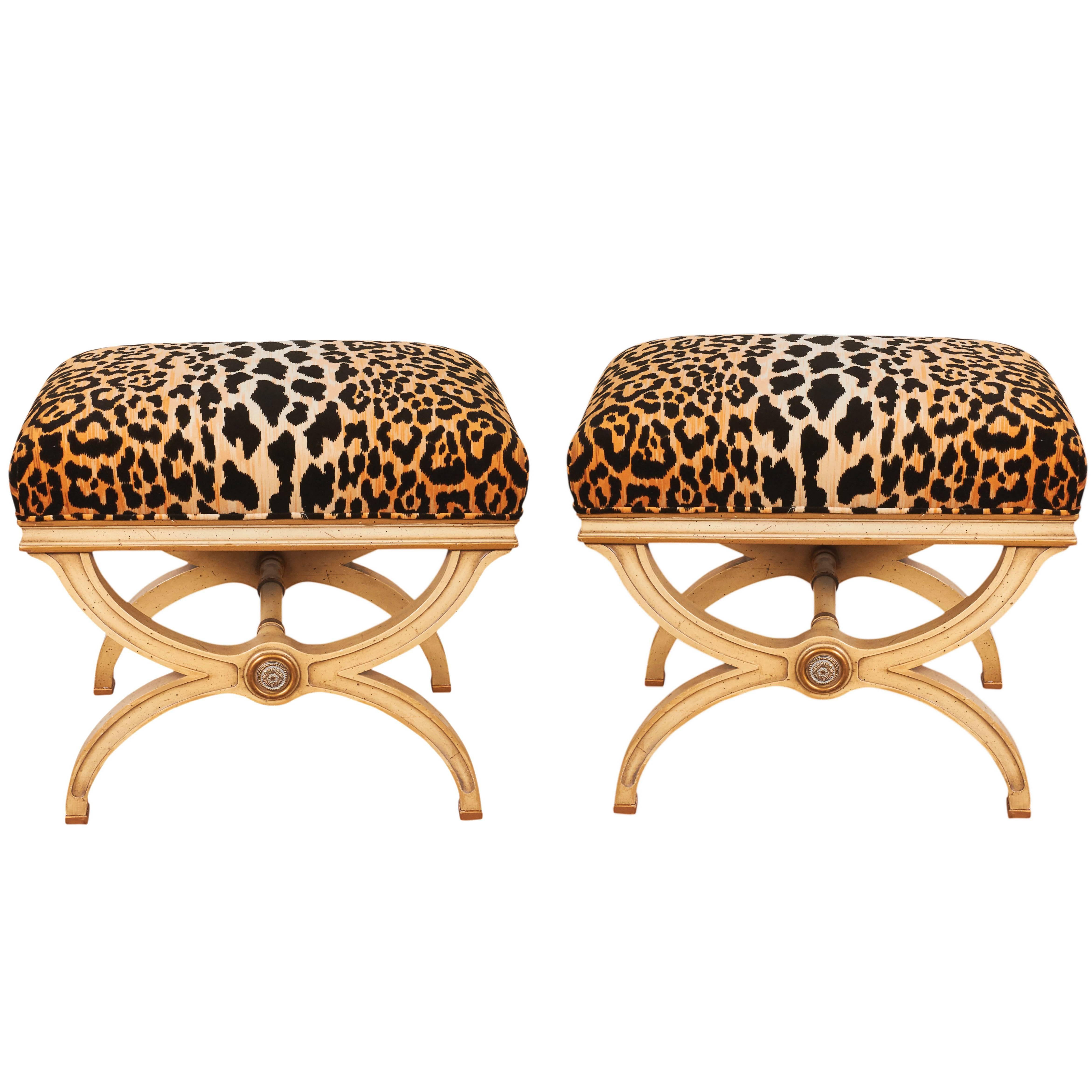 Pair of Hollywood Regency Leopard Print Velvet Benches