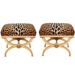 Pair of Hollywood Regency Leopard Print Velvet Benches