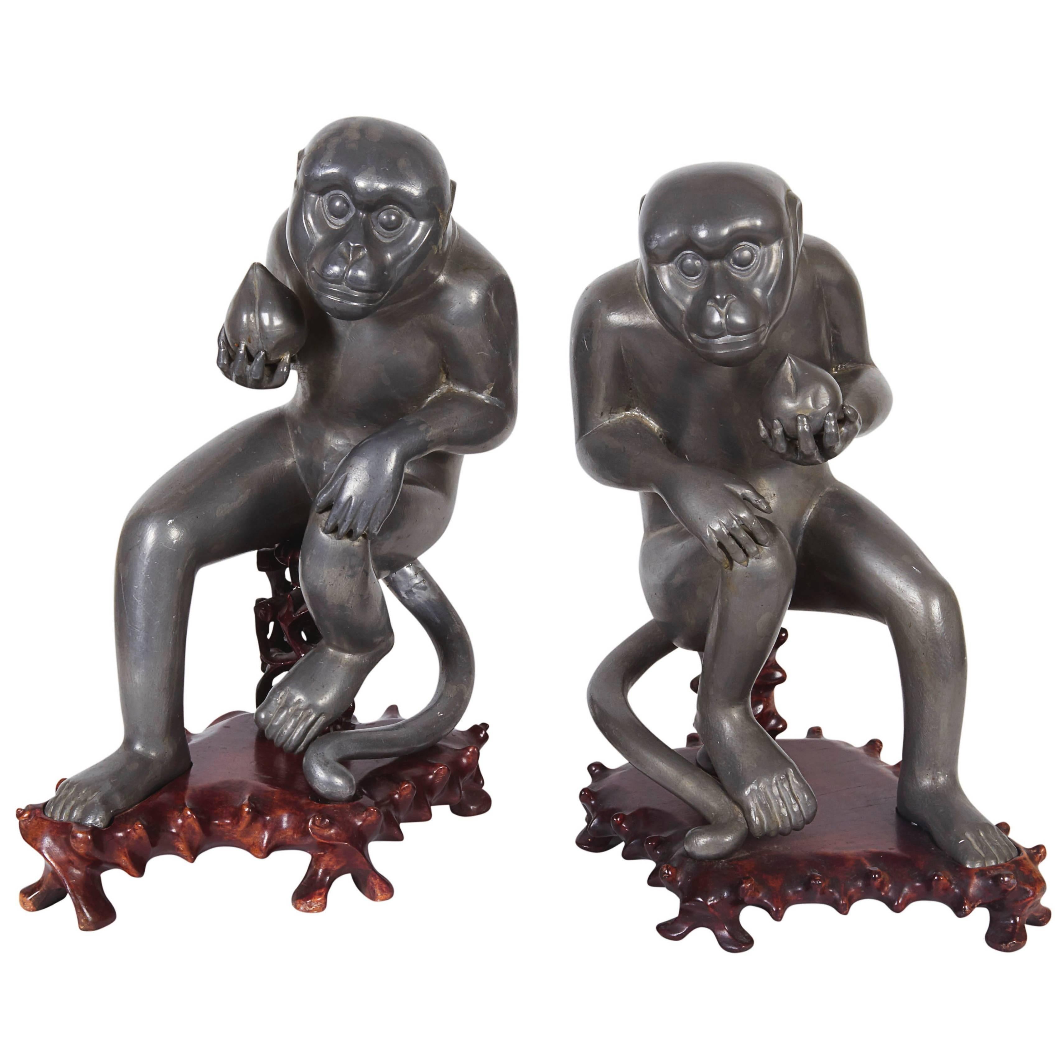 Pair of Chinese Export Pewter Monkey Sculptures on Bases