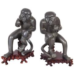 Pair of Chinese Export Pewter Monkey Sculptures on Bases 1