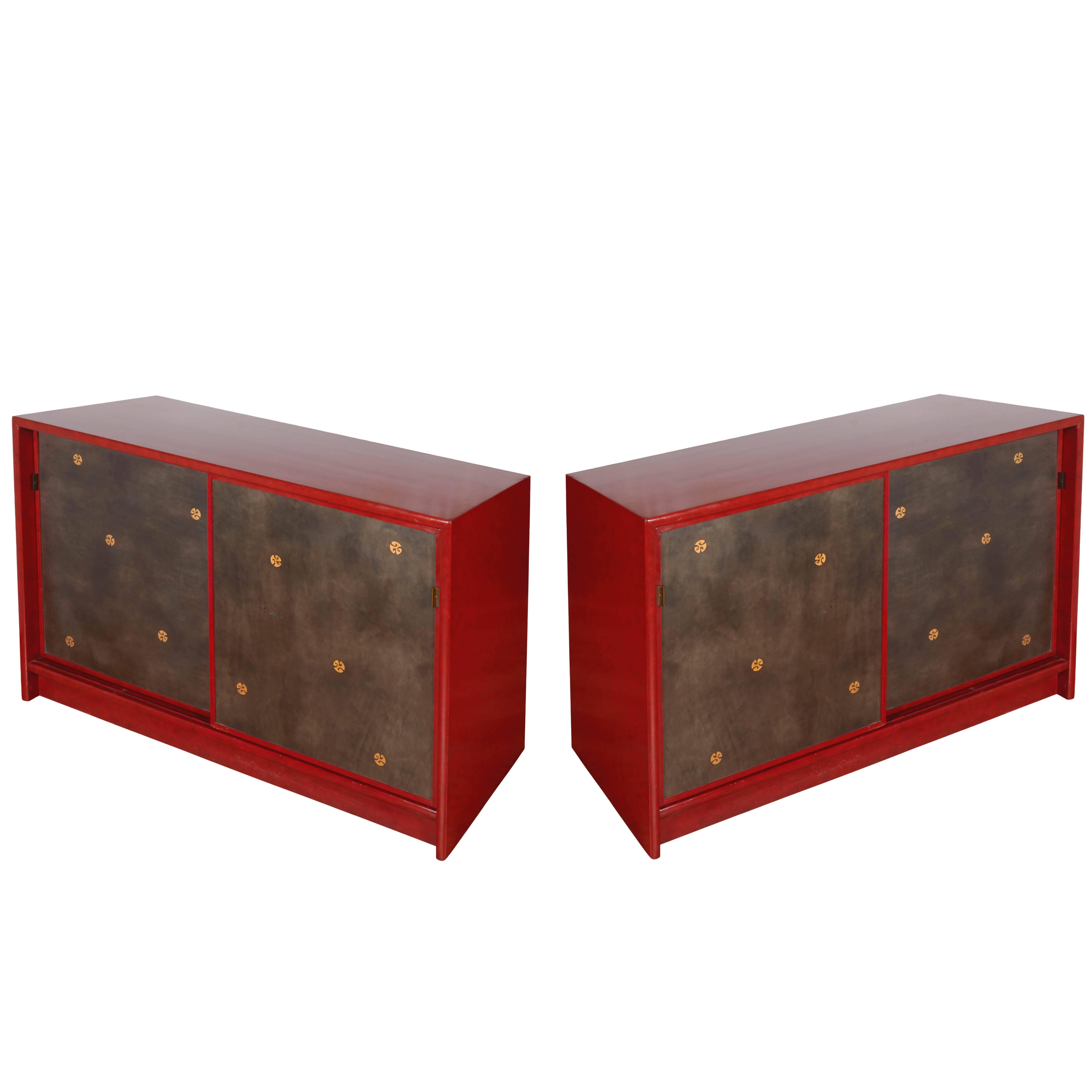 Pair of Tommi Parzinger Style Red Lacquer Asian Cabinets