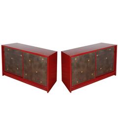 Pair of Tommi Parzinger Style Red Lacquer Asian Cabinets