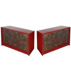 Pair of Tommi Parzinger Style Red Lacquer Asian Cabinets 6