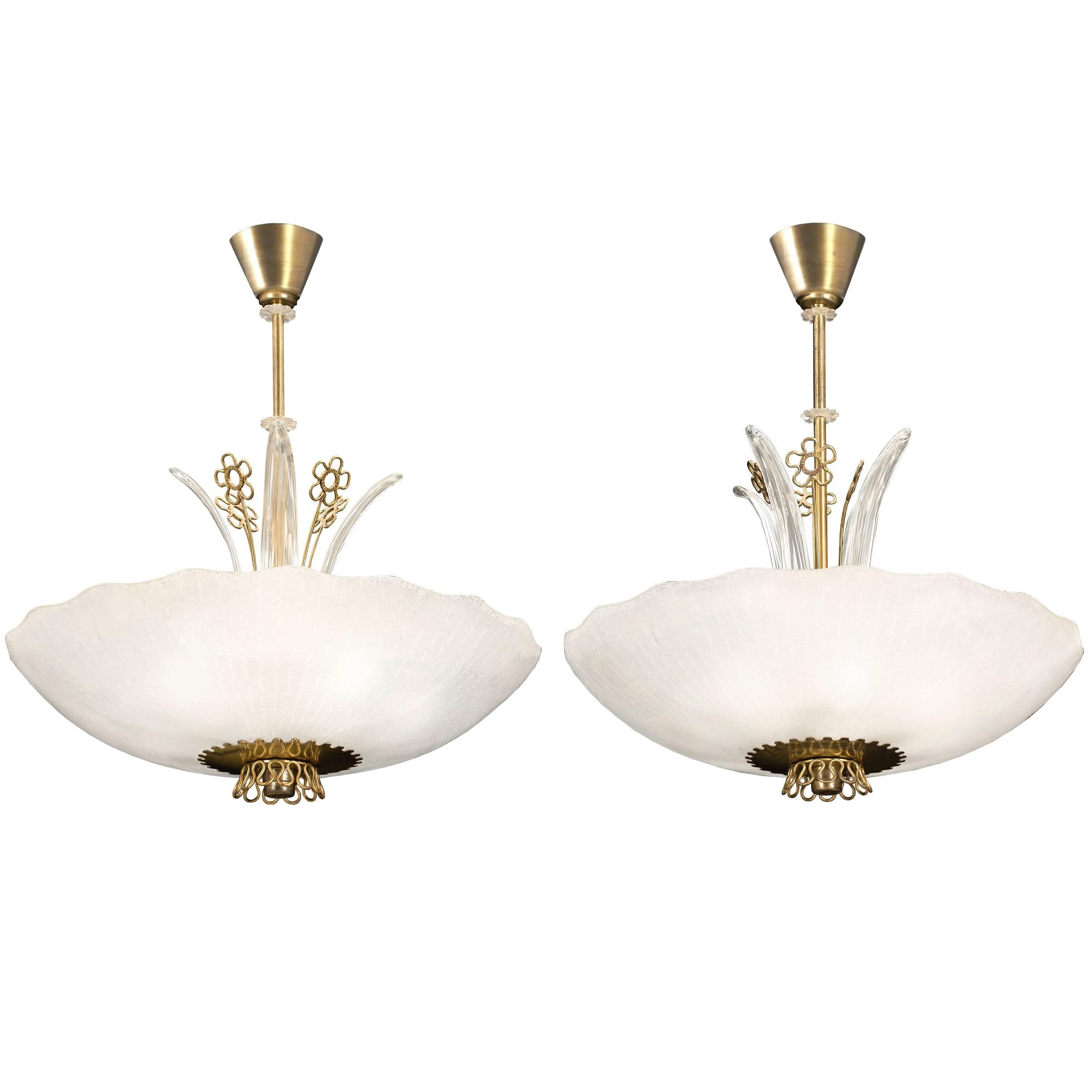 Pair of 1940's Orrefors Glass Chandeliers For Sale