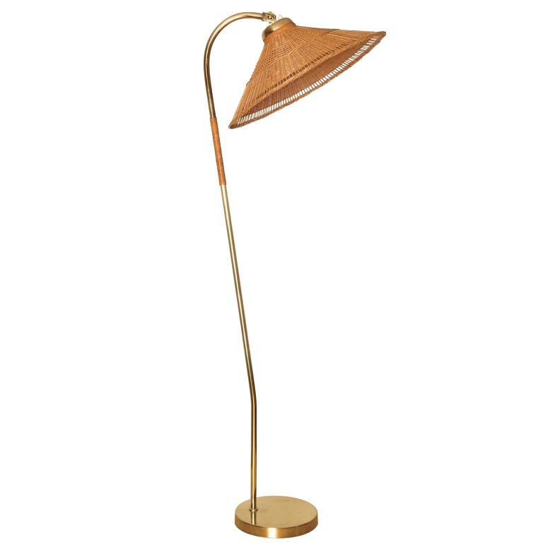 Paavo Tynell Floor Lamp With Wicker Shade And Stem Idman Oy Early 1950s