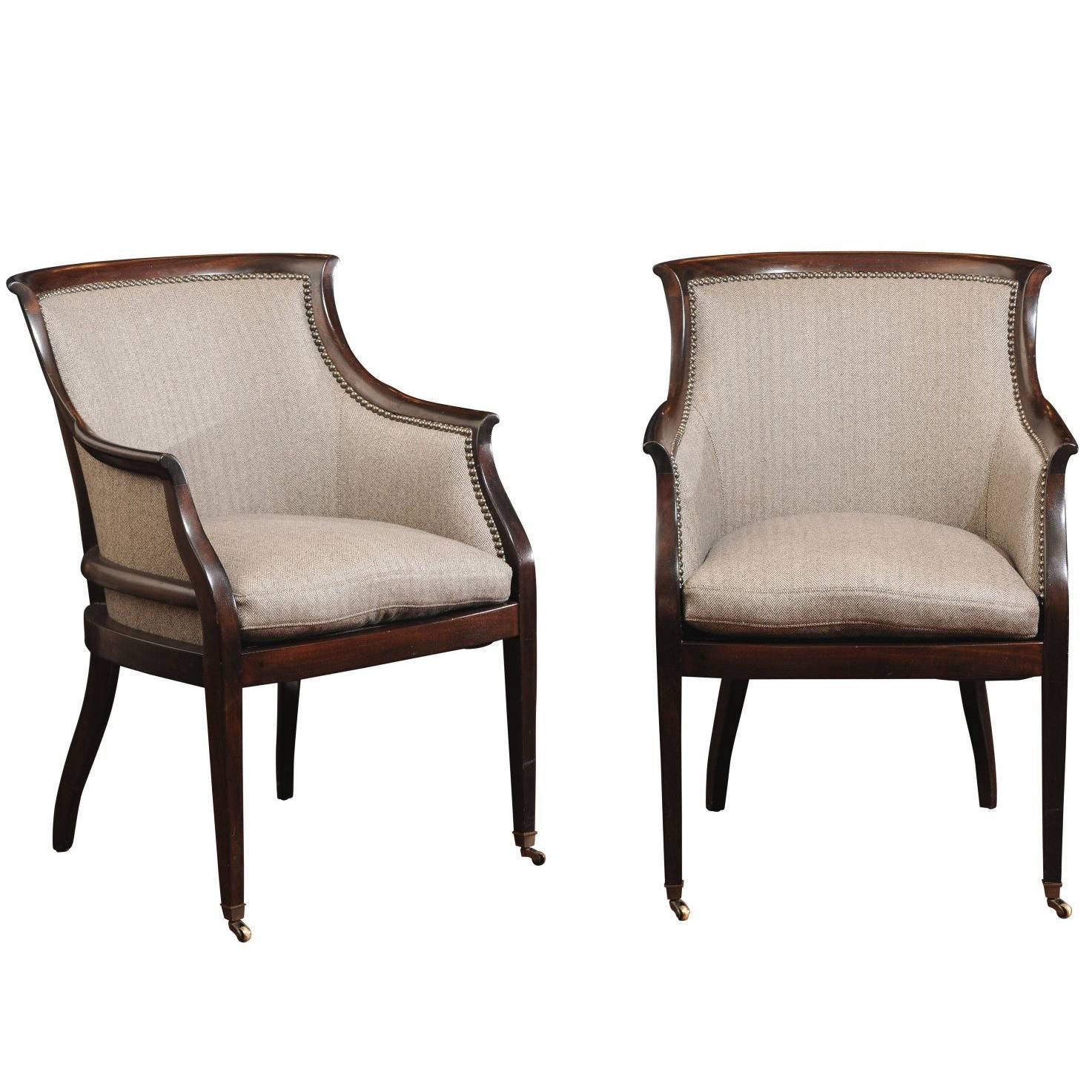 Pair of Holland & Sherry Wool and Mahogany Gondola Form Club Chairs For Sale