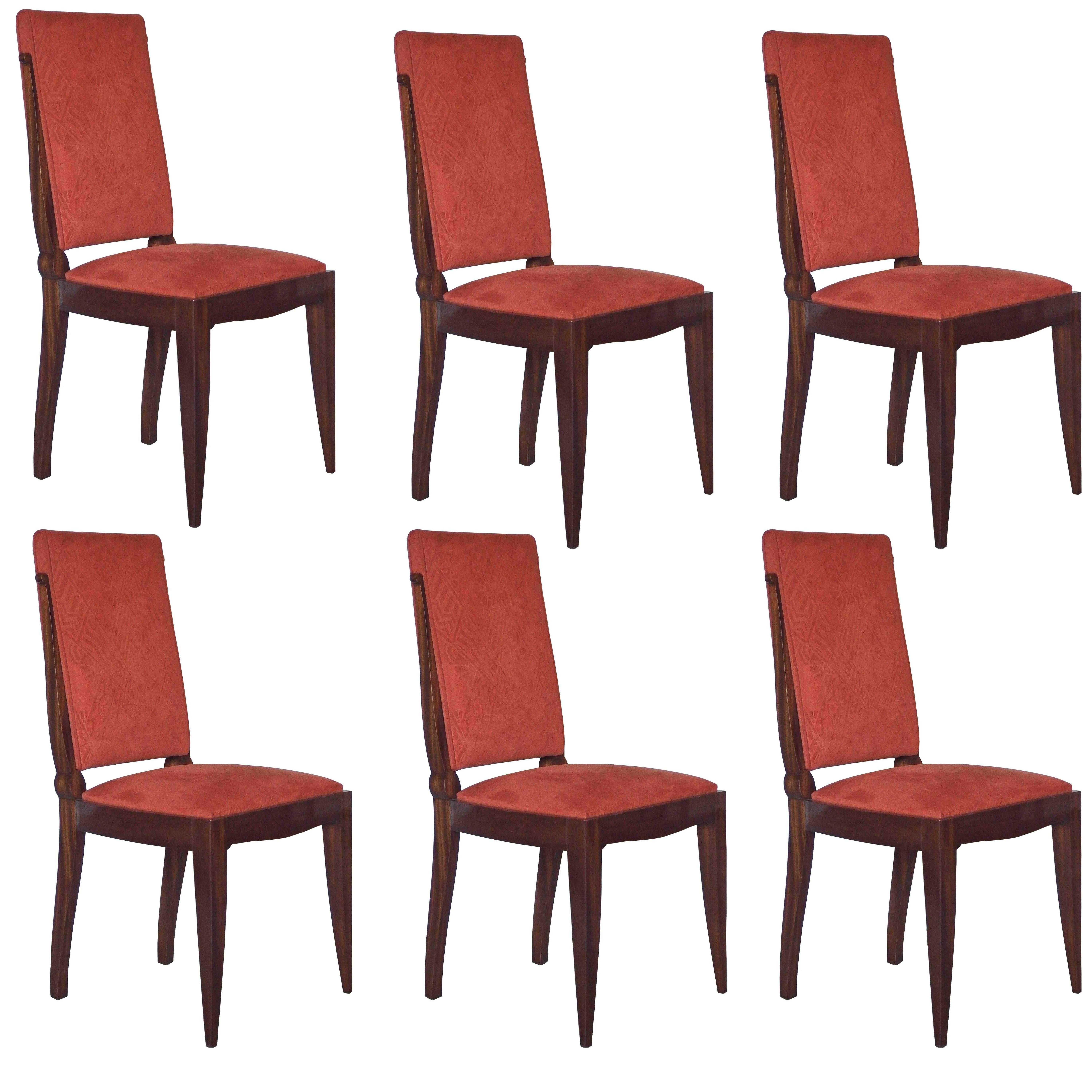 Set of Six Art Deco Mahogany Dining Chairs by Gaston Poisson