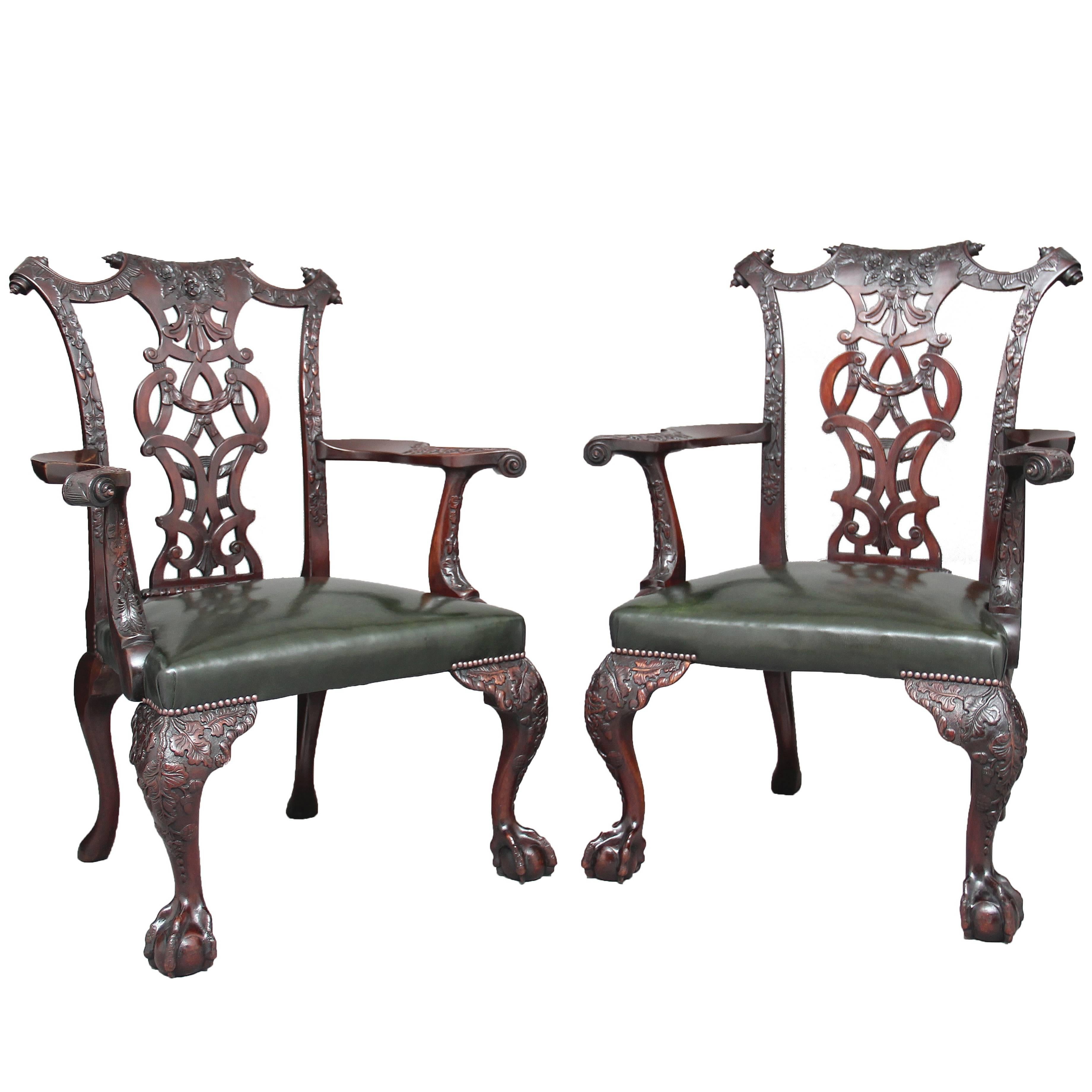 Fine Pair of 19th Century Chippendale Revival Mahogany Armchairs