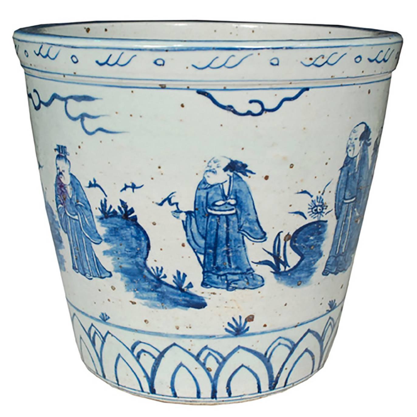 Chinese Blue and White Scroll Pot with Yagi Scene
