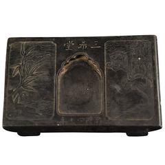 Antique Chinese Inkstone with Bamboo and Birds in Flight