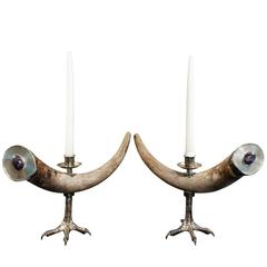 Vintage Anthony Redmile Pair of Mounted Horn Candle Holders with Polished Amethysts, 1970