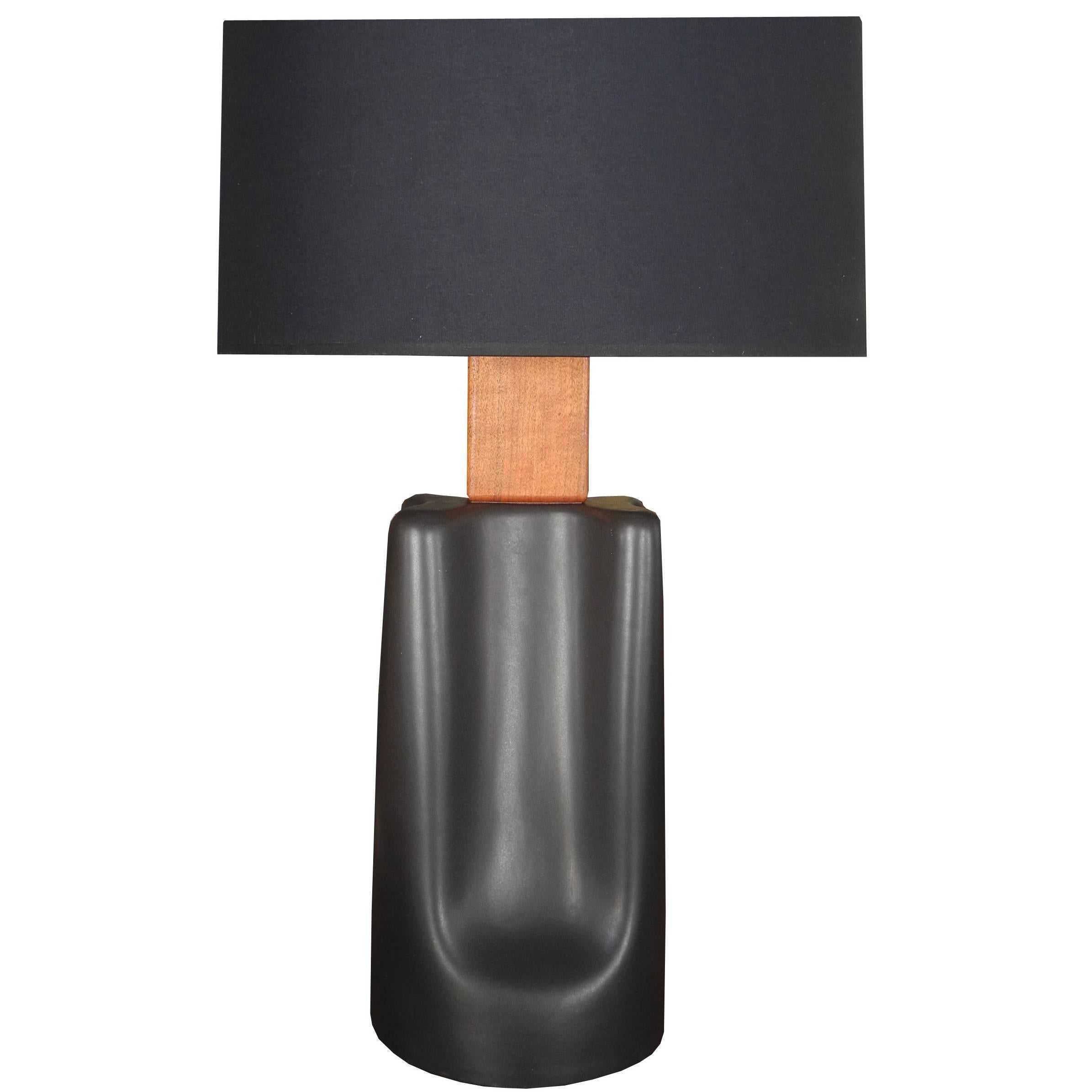 Teak and Ceramic Gun-Metal Glazed Table Lamp by Martz