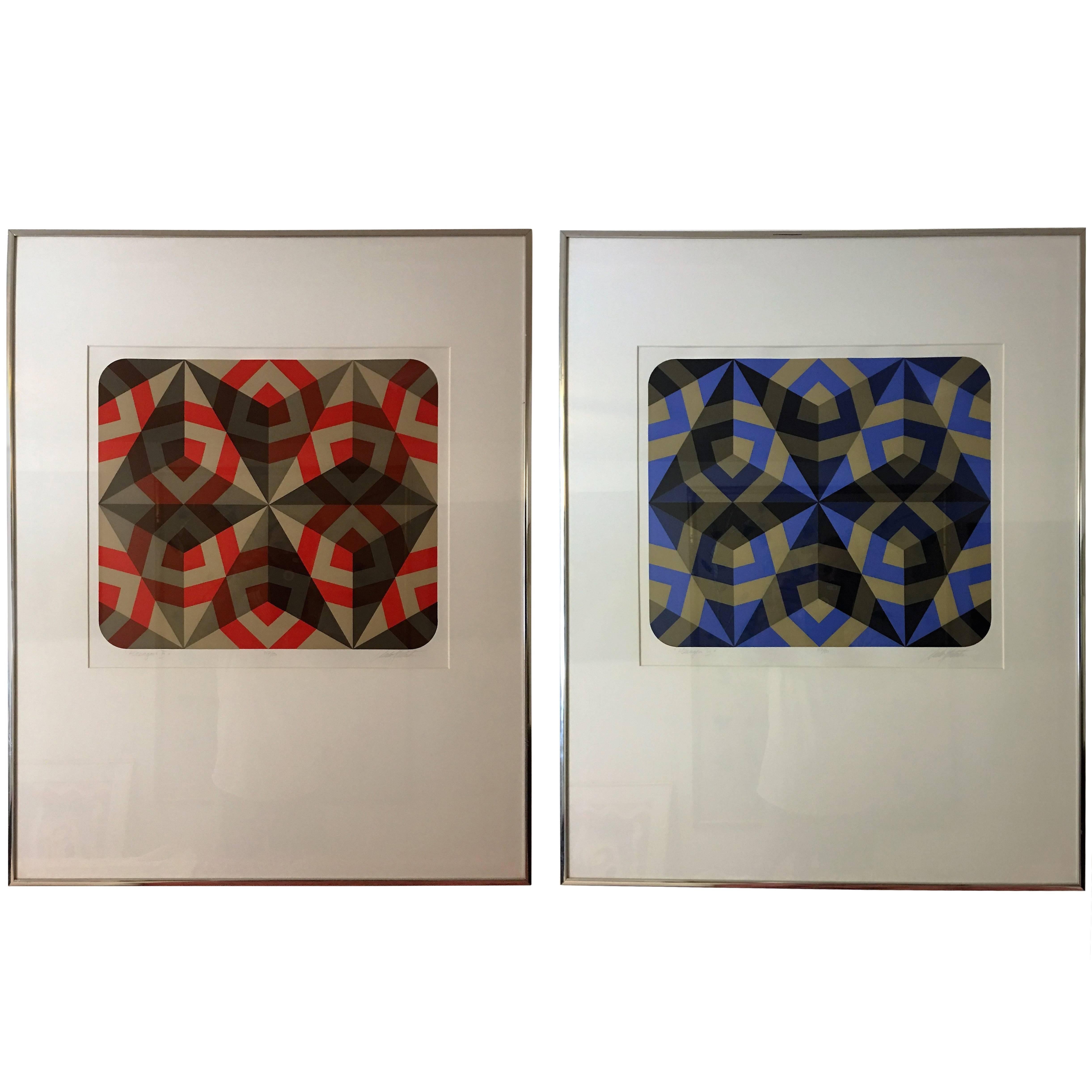 Exciting Pair of Signed Colorful Hexagonal Silkscreens in Manner of Vasarely For Sale