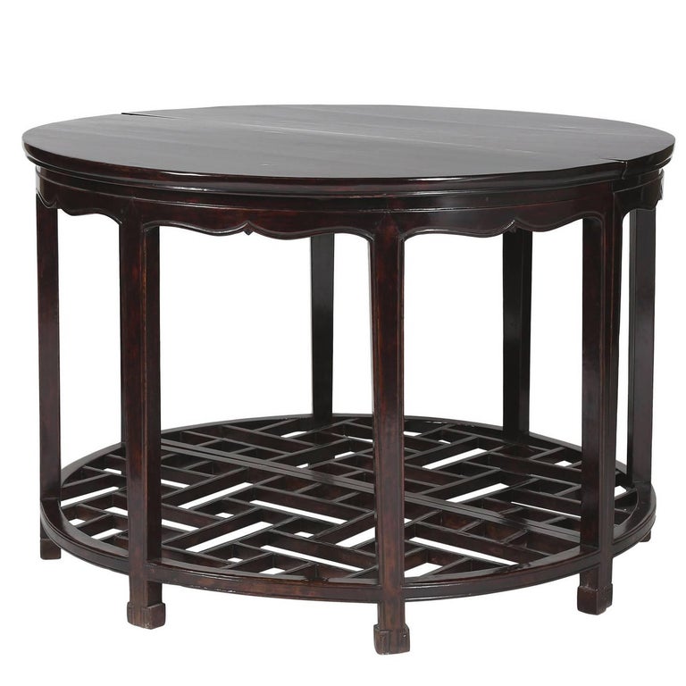 Antique Pair Chinese Demilune 'Half Moon' Tables Lattice/Fret Panels