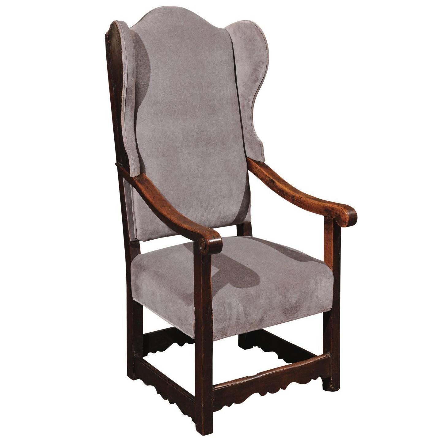 18th Century Italian Walnut Wing Chair with Grey Velvet Upholstery