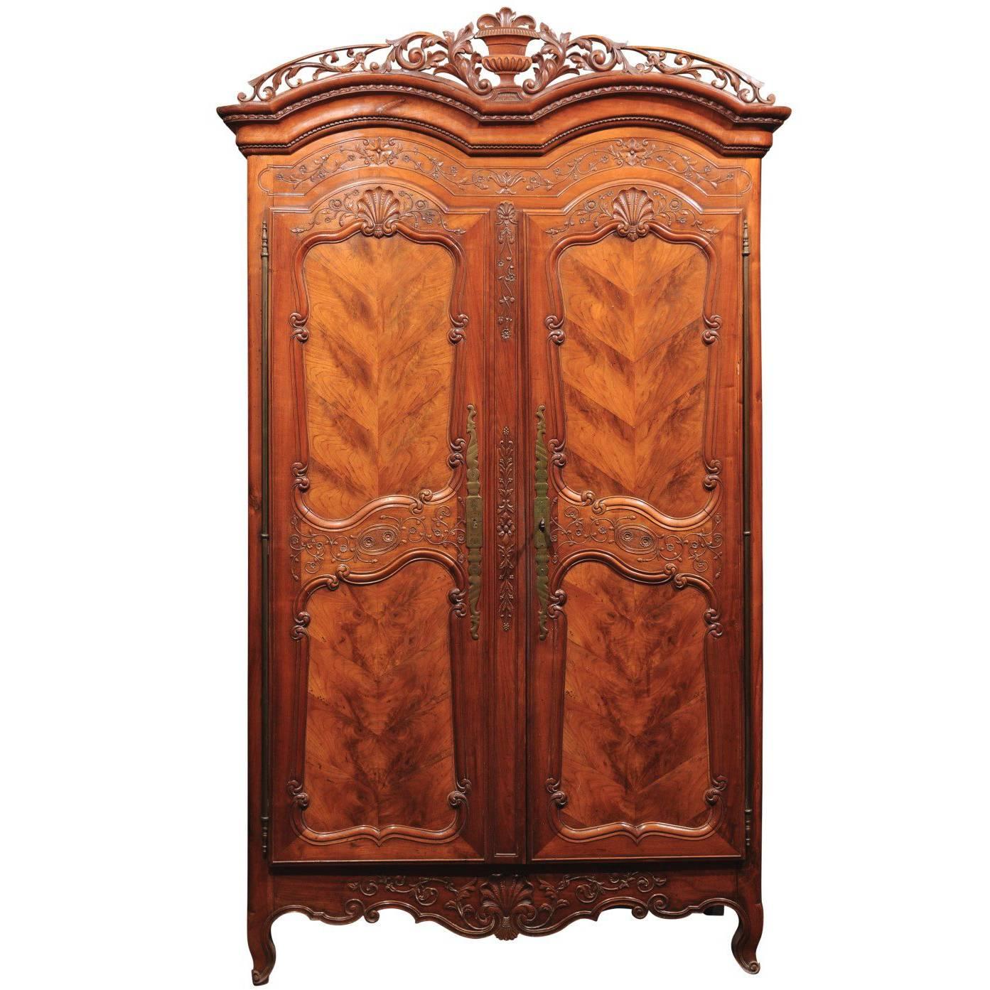 19th Century French Renaissance Style Armoire in Fruitwood with Double Bonnet