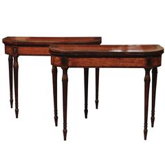 Pair of English Satinwood Demilune Flip-Top Game Tables with Painted Border