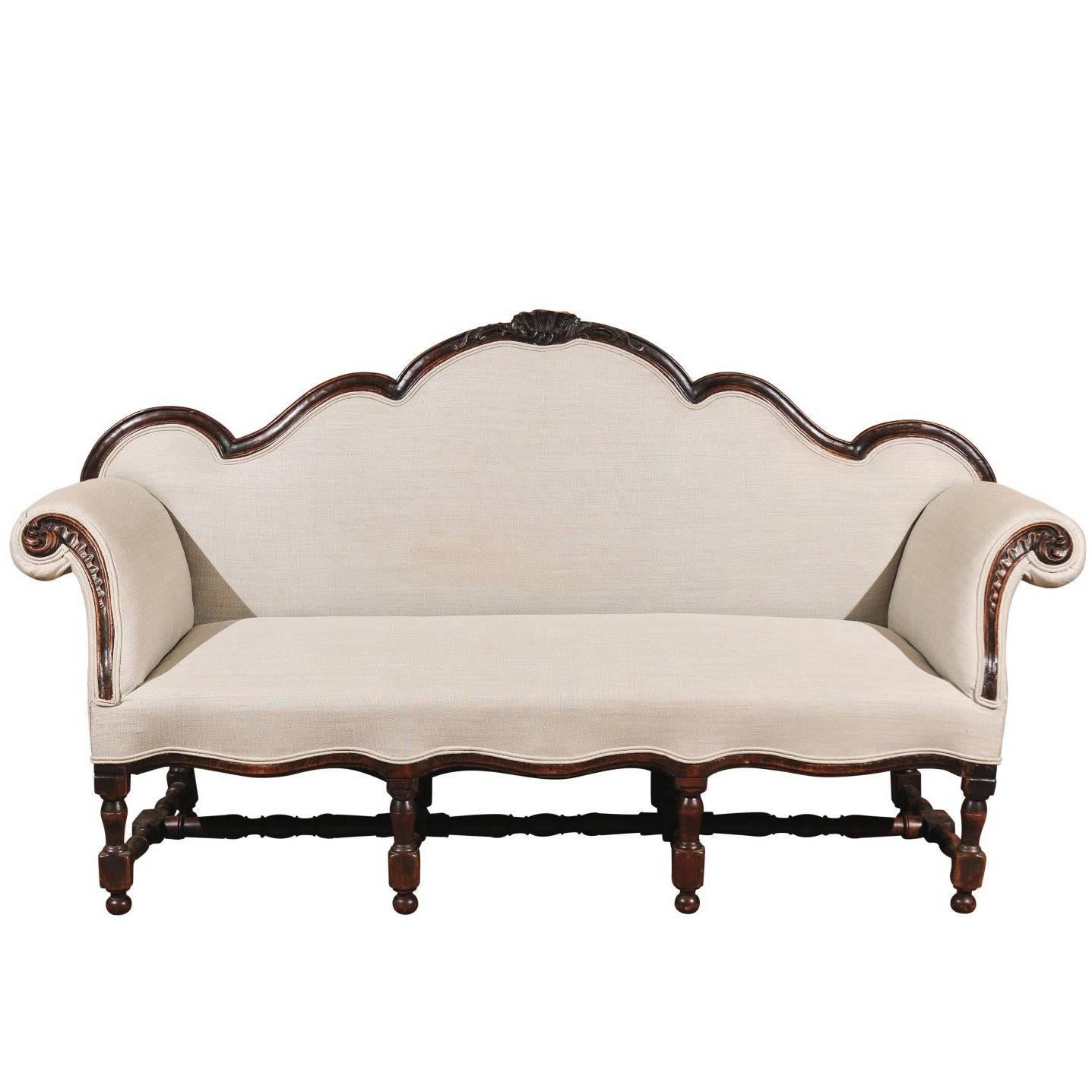 18th Century Italian Rococo Walnut Sofa with Linen Upholstery