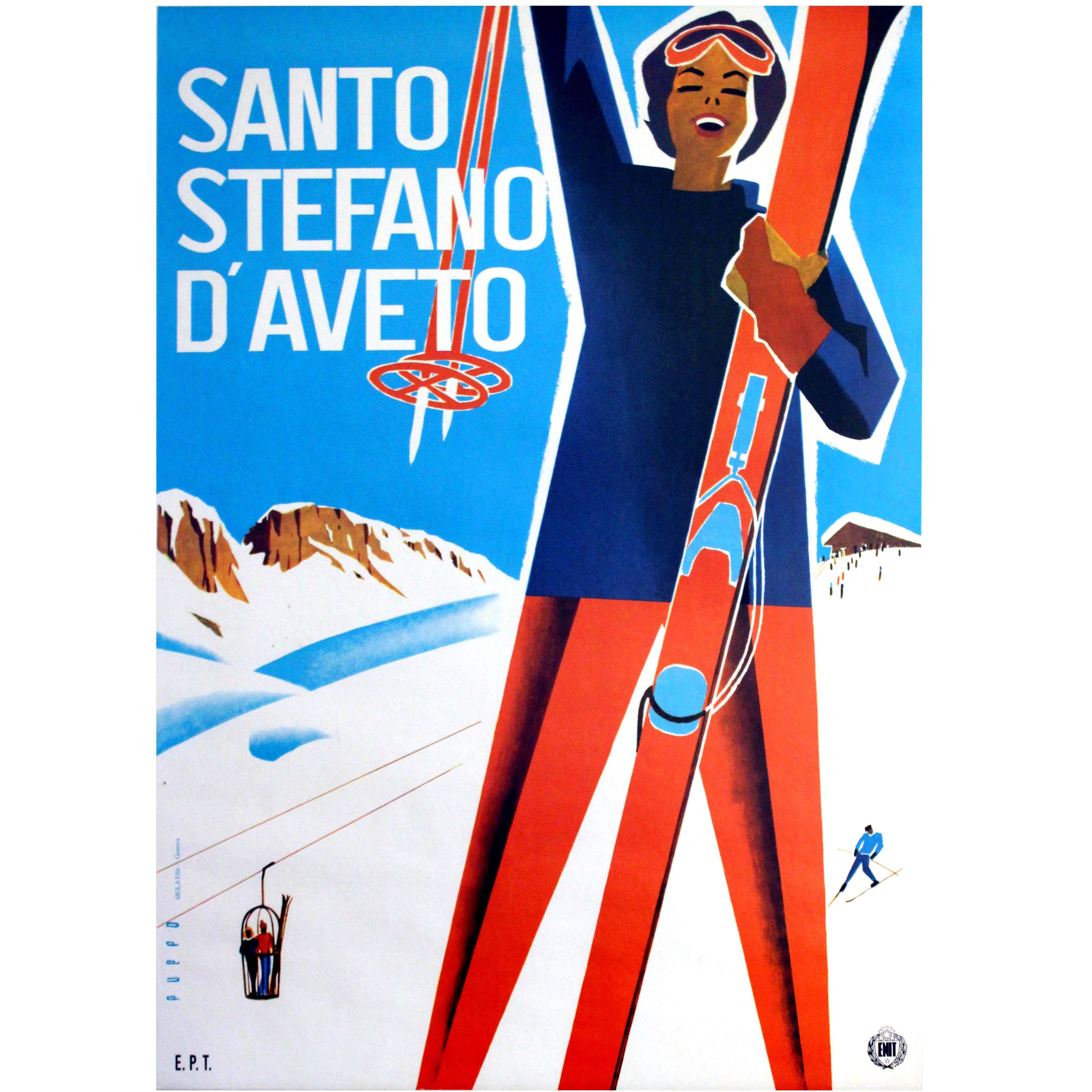 Original Vintage ENIT Skiing Poster Advertising Santo Stefano d'Aveto, Italy