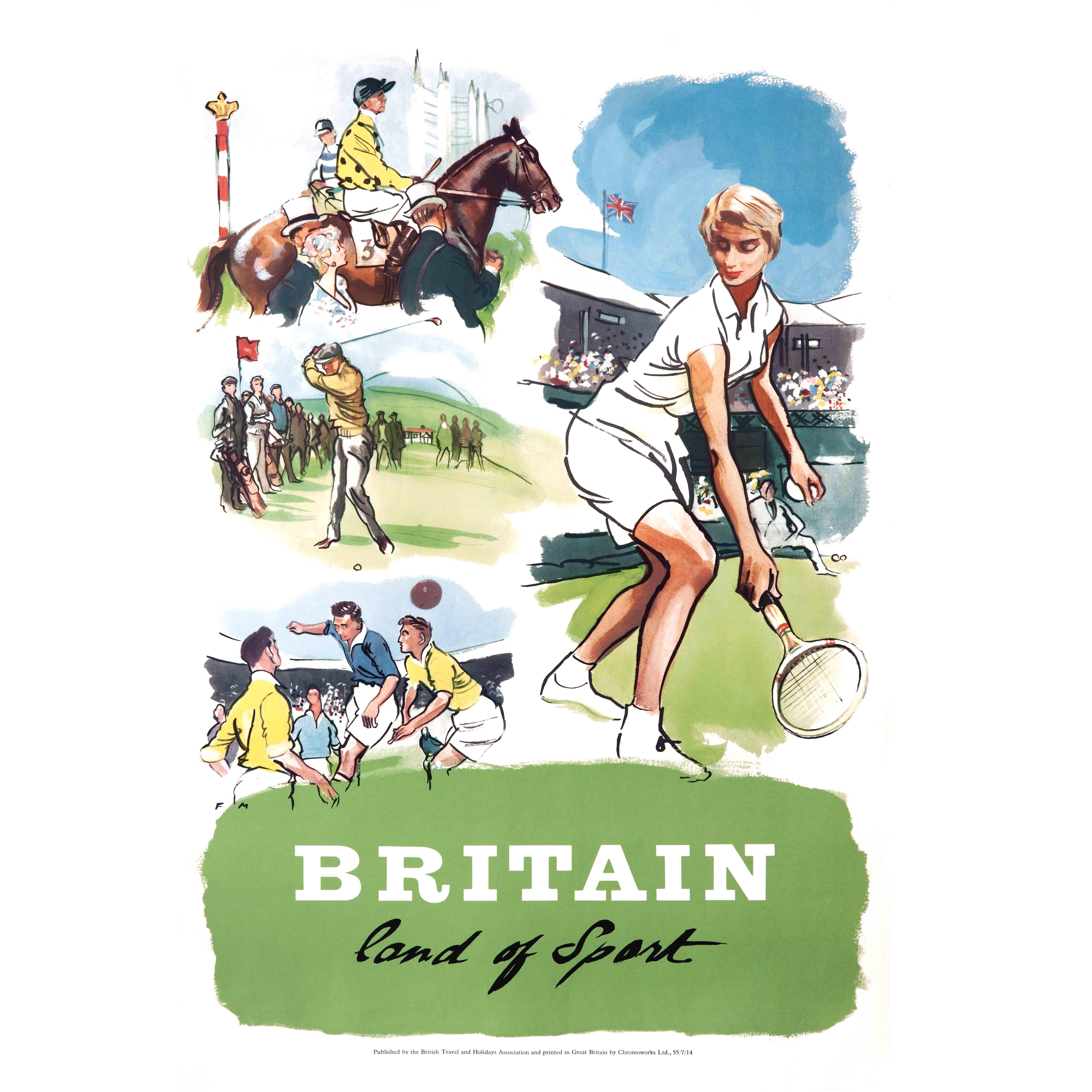 Original Vintage Poster, Britain Land of Sport, Tennis, Racing, Golf, Football