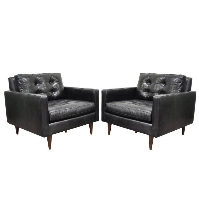 Pair of Crate and Barrel Petrie Tufted Leather Black Modern Club Lounge