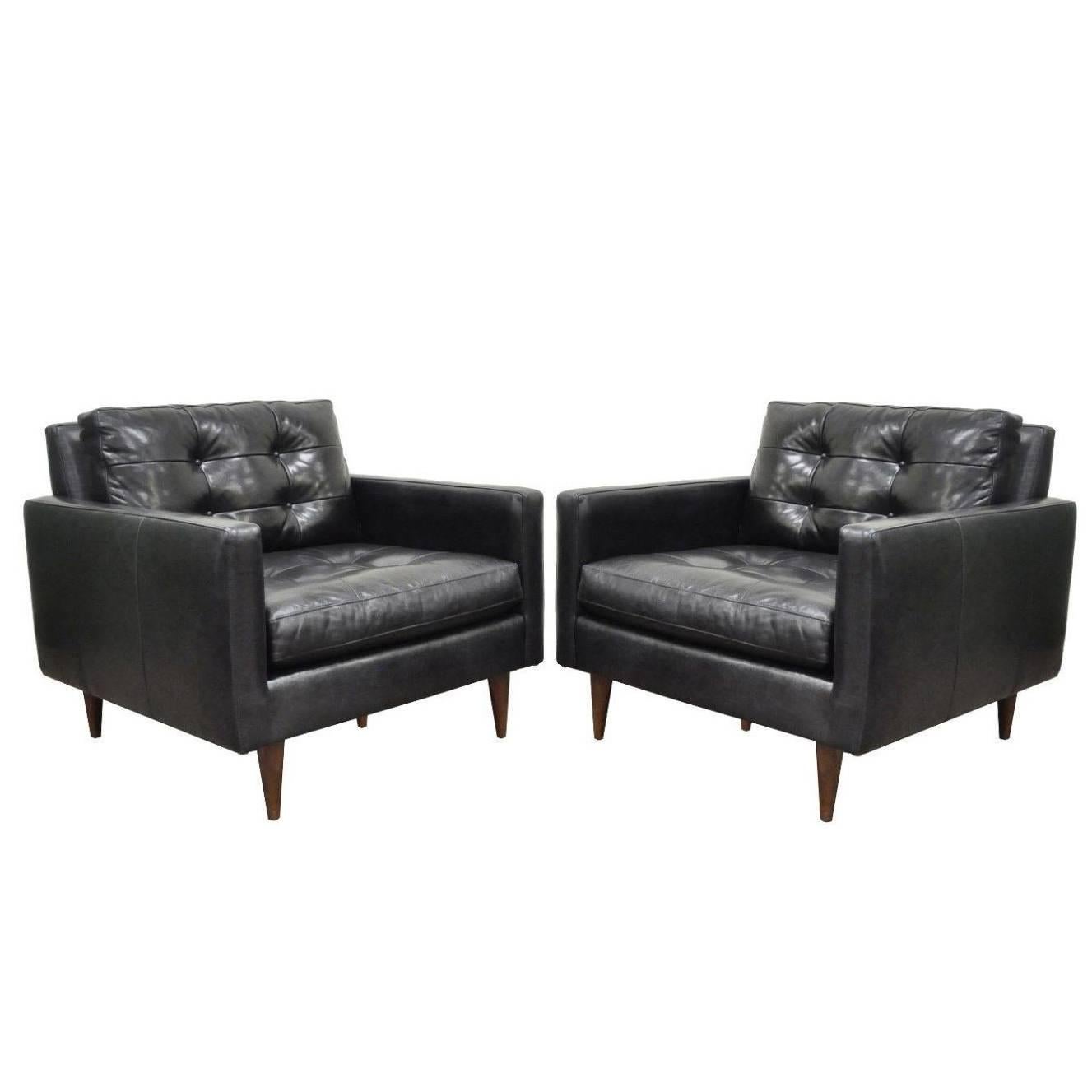 Pair of Crate & Barrel Petrie Tufted Leather Black Modern Club Lounge Chairs