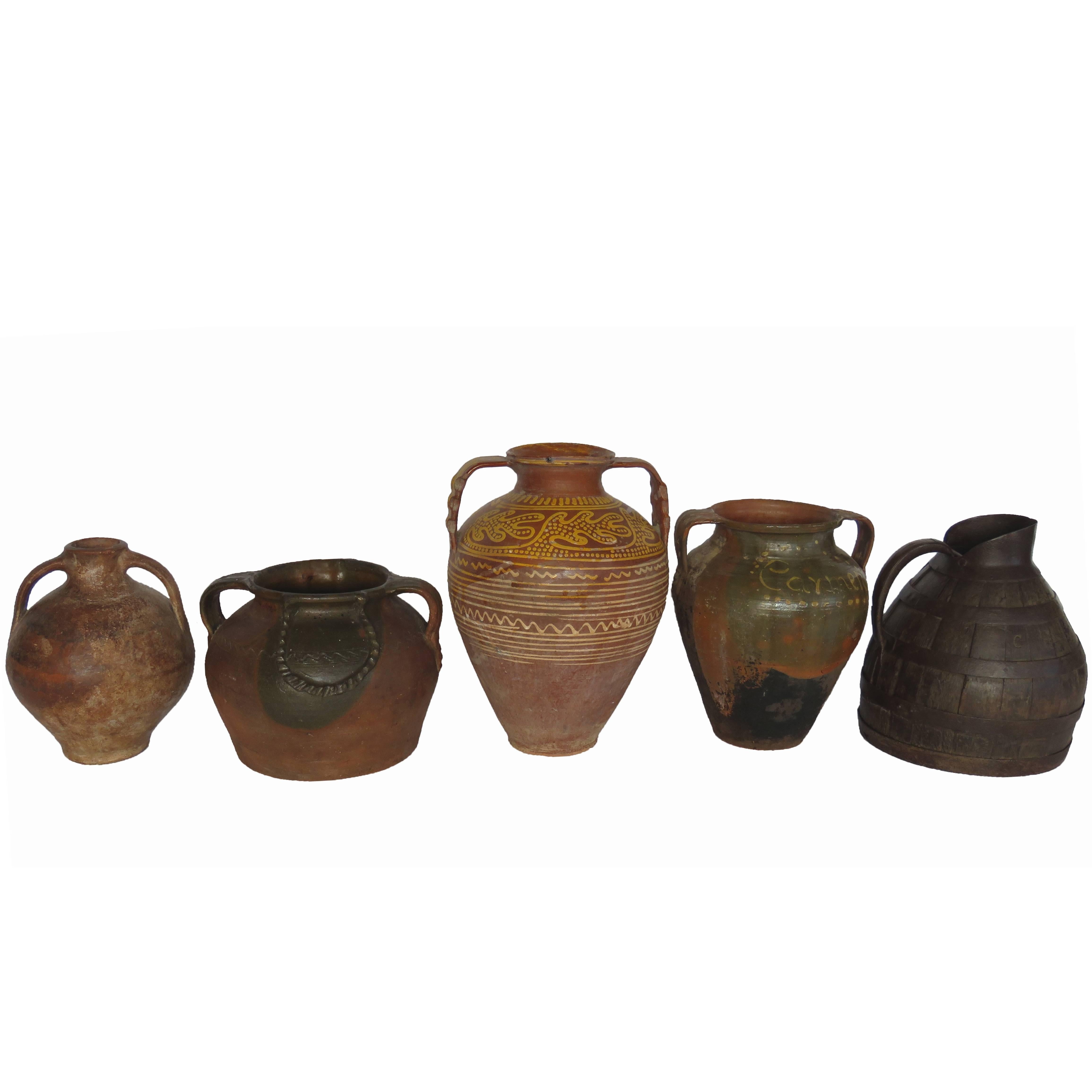 19th Century Collection Terracota Pots and Barrel Jar For Sale