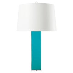 Pair of Tall Turquoise Blue Glass Lamps on Lucite Stands