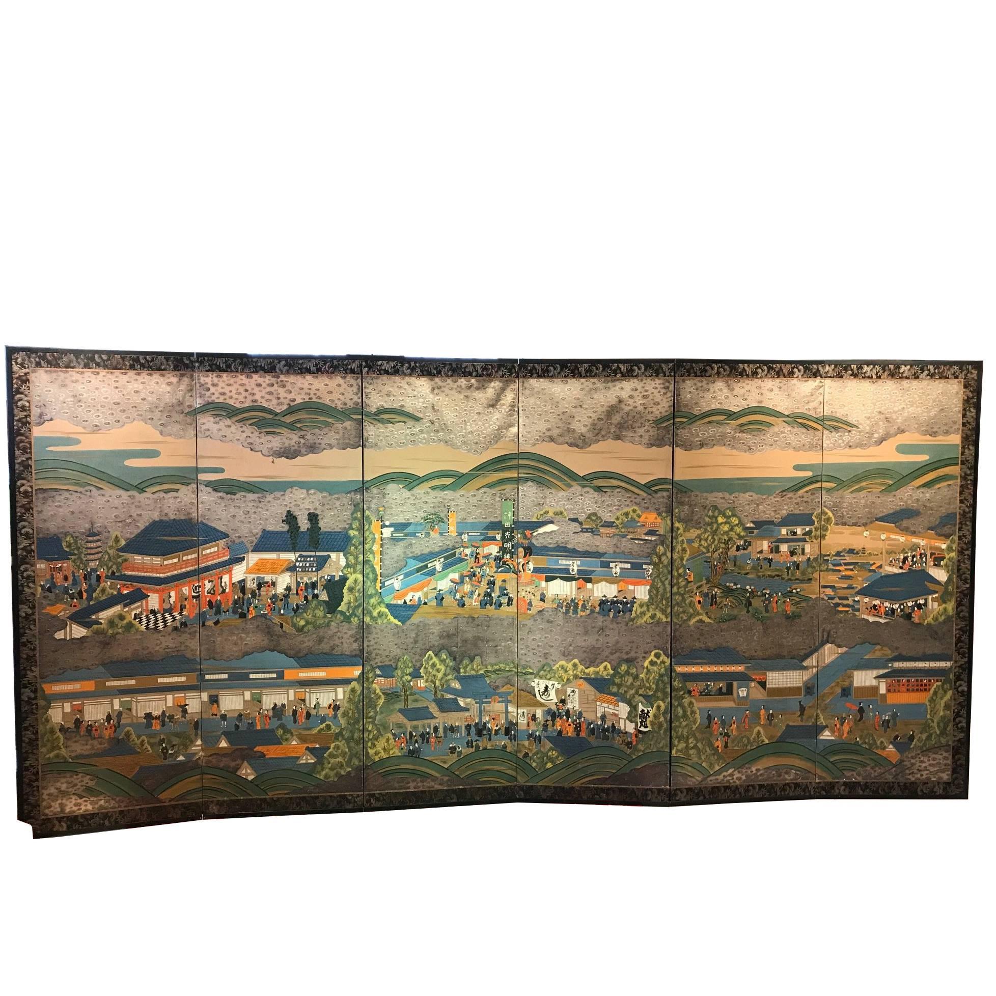 Japan Brilliant Six-Panel Screen Nara Matsuri Summer Festival Ink and Gold