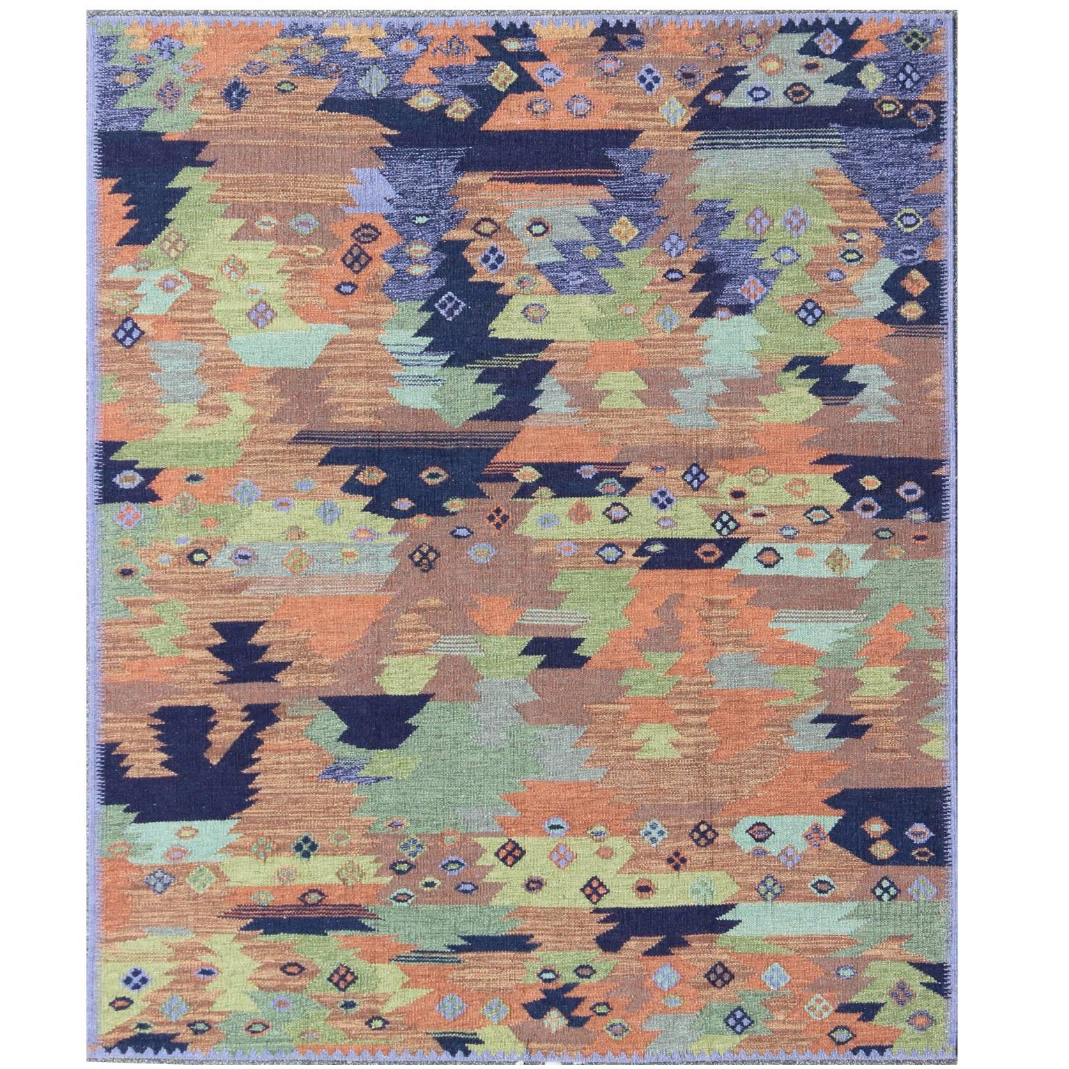 Scandinavian Flat-Weave Style with Multicolored Geometric By Keivan Woven Arts For Sale