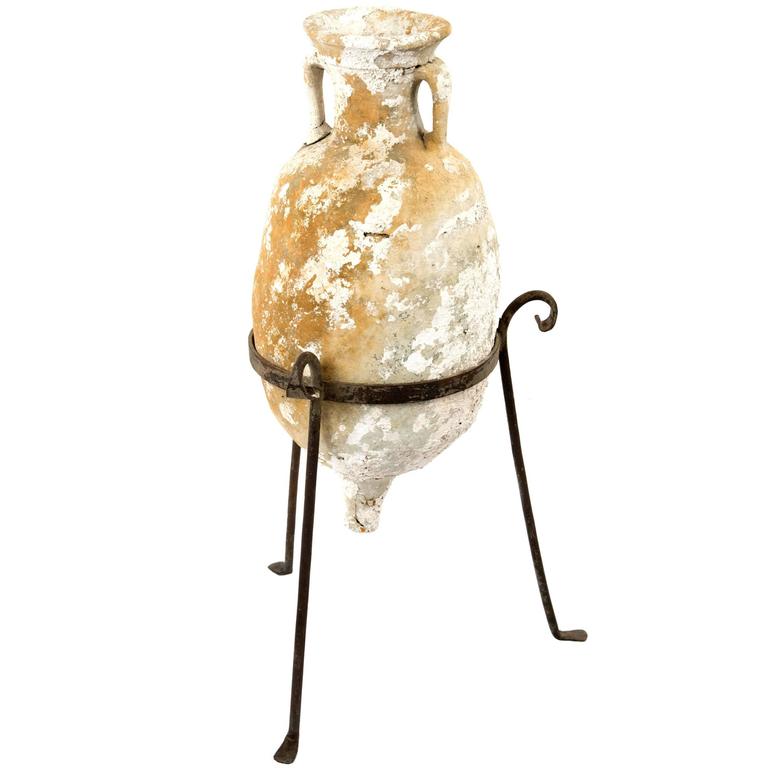 Italian Terracotta Amphora with Wrought Iron Tripod Stand at 1stDibs