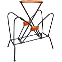Jacques Adnet Leather and Iron Magazine Rack