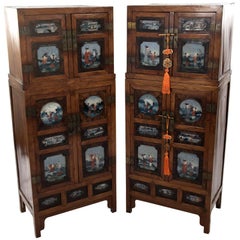 Tall Two Section Chinese Églomisé Hardwood Cabinet with Painted Panels