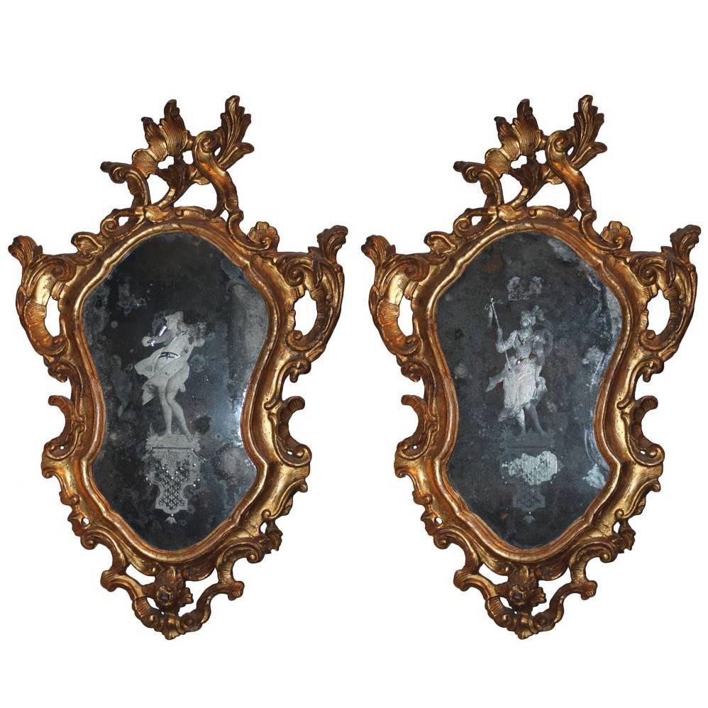 Pair of 18th Century Giltwood and Etched Looking Glass Venetian Mirrors For Sale