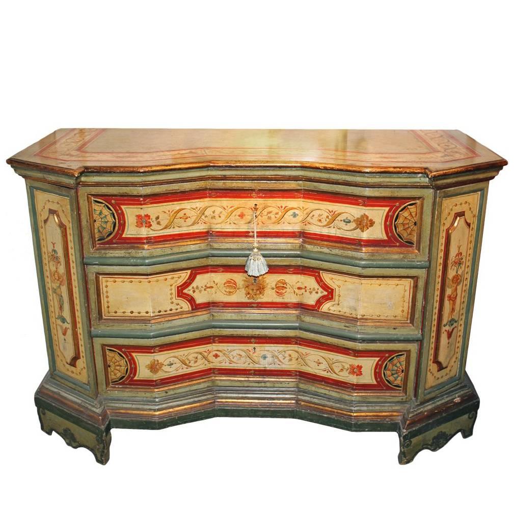 18th Century Venetian Polychrome Concave Block Front Commode Credenza For Sale